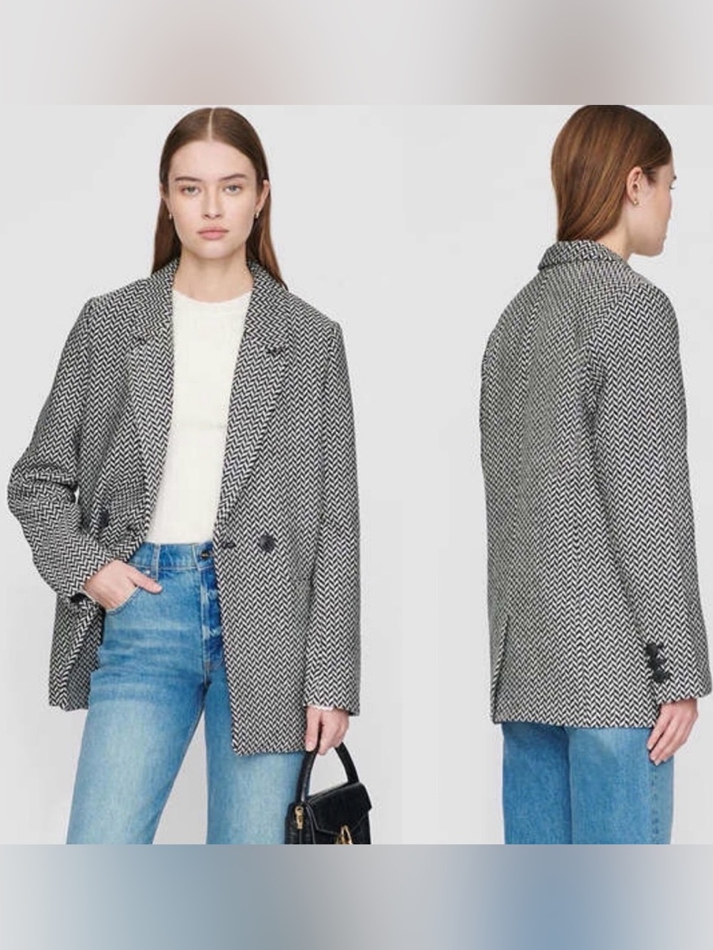 Anine Bing Woven Black & White Herringbone Blazer Jacket